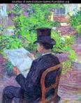 Side view of a man in dark 19th c. top hat and coat, seated in a garden, reading a newspaper.